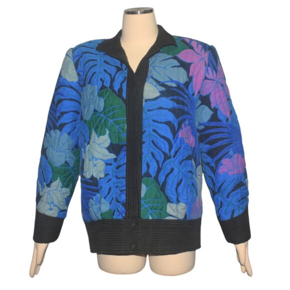 Vintage 80s Silk Quilted Jacket Cardigan Tropical Leaves Floral 14 L - Picture 1 of 9